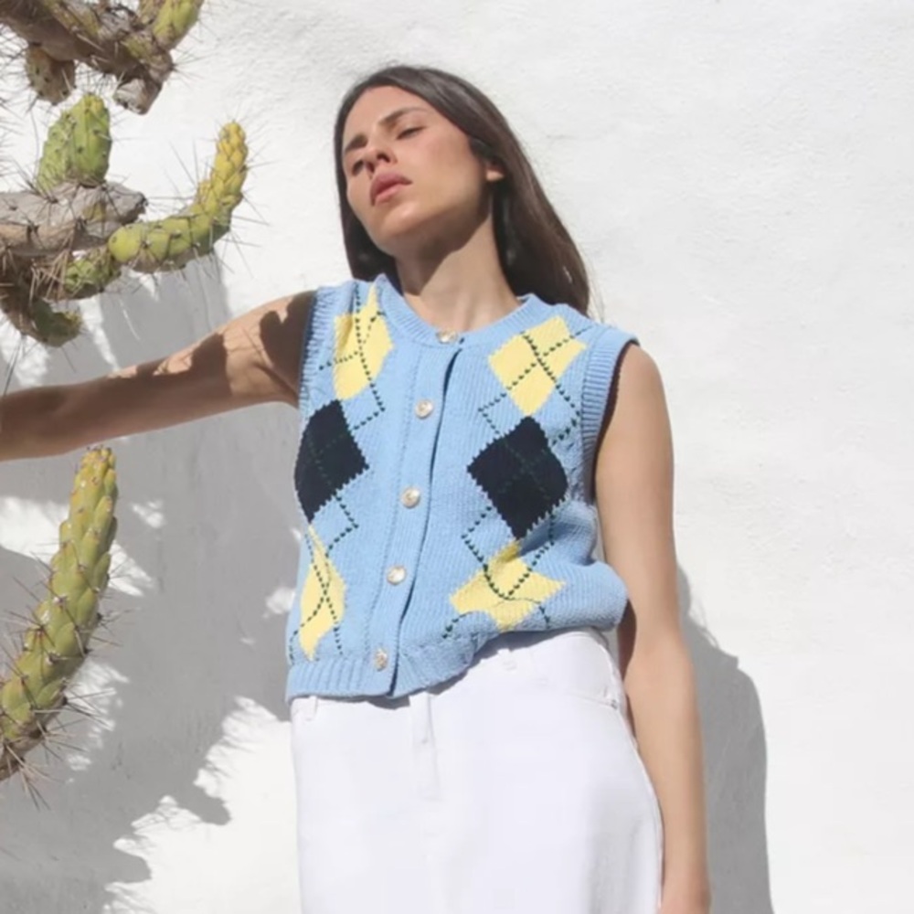 Zara Blue Argyle Knit Vest